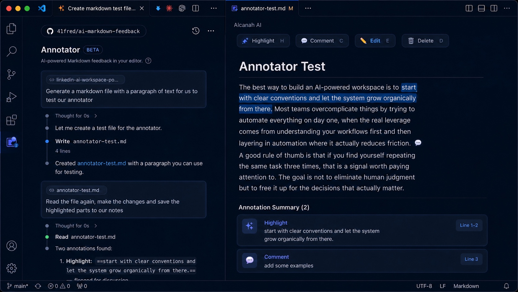 Ace AI Markdown Feedback in VS Code: the annotator panel beside a Markdown preview with a highlight, a comment, and the annotation summary.